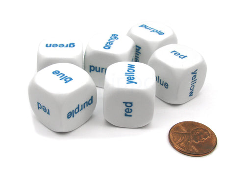 Pack of 6 20mm Educational Color Word Dice - White with Blue Words