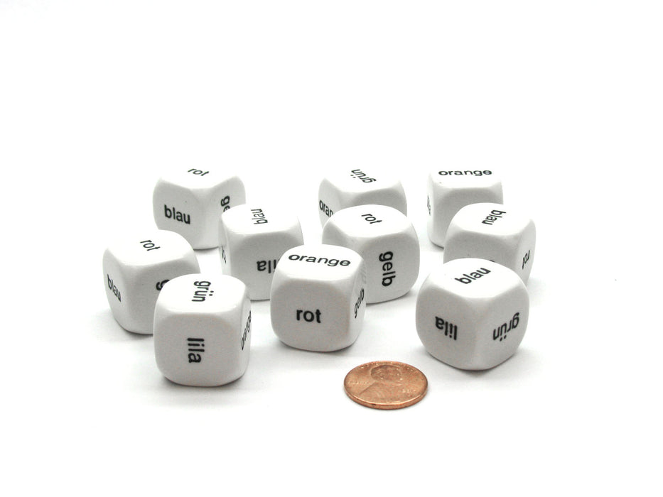 Pack of 10 20mm D6 German Color Word Dice - White with Black Words