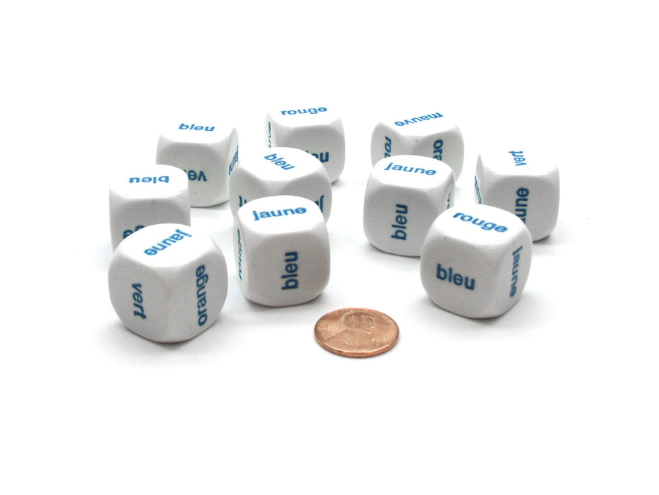 Pack of 10 20mm D6 French Color Word Dice - White with Blue Words