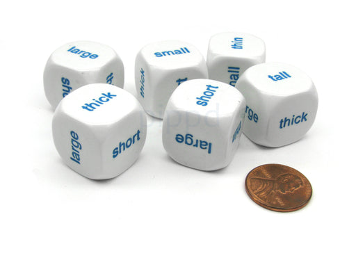 Pack of 6 20mm English Comparison Dice - Large Small Tall Short Thick Thin