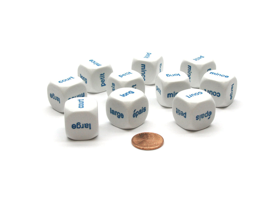 Pack of 10 20mm D6 French Comparison Word Dice - White with Blue Words
