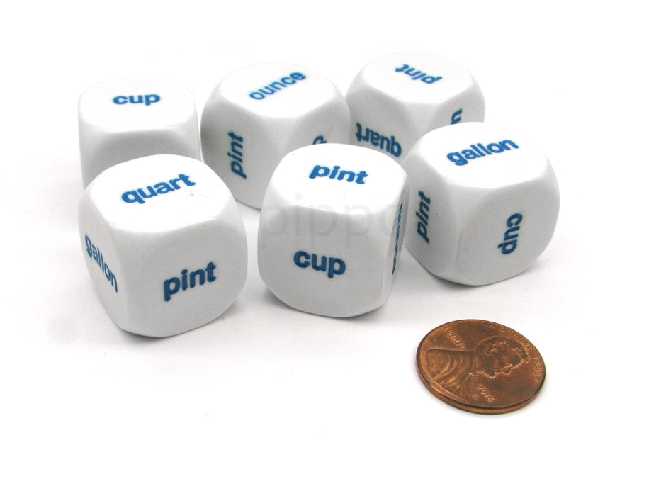 Pack of 6 20mm Educational Capacity Dice - Ounce Cup Pint (x2) Quart Gallon