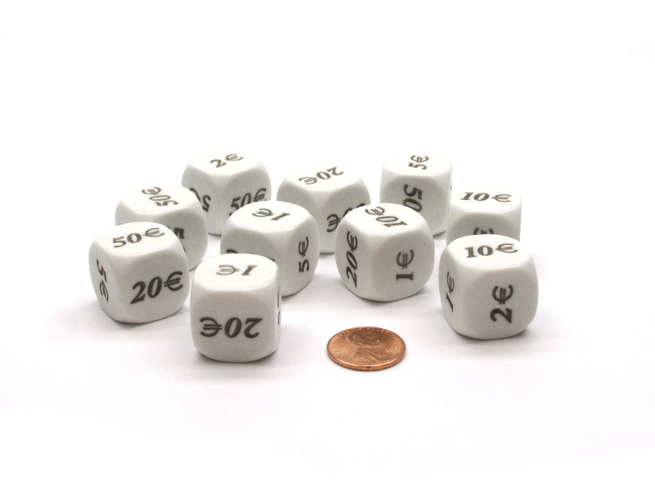 Pack of 10 20mm D6 Euro Dollar Dice - White with Gold Etches