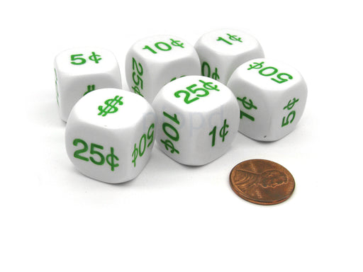 Pack of 6 20mm Educational Math Money Dice - 1 Cent to 1 Dollar