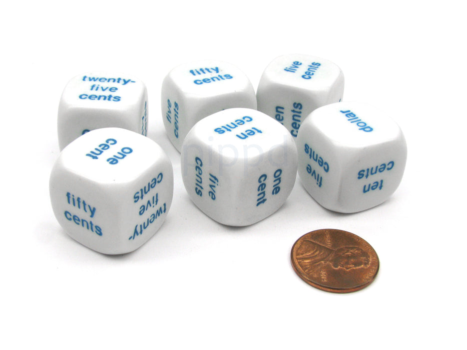 Pack of 6 20mm Educational Math Money English Word Dice - White with Blue Words