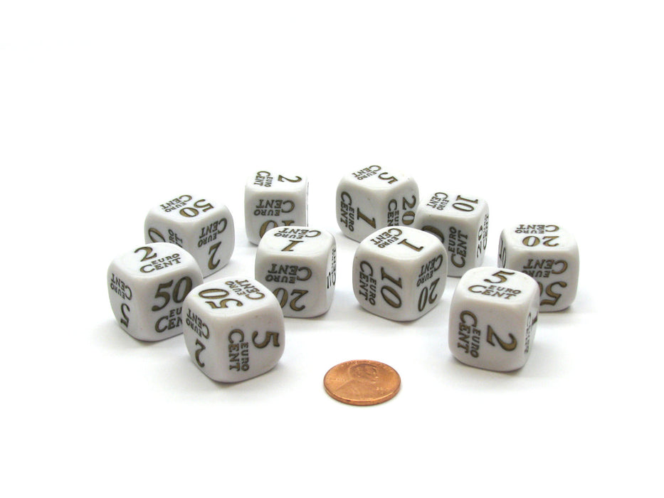 Pack of 10 20mm D6 Euro Cents - White with Gold