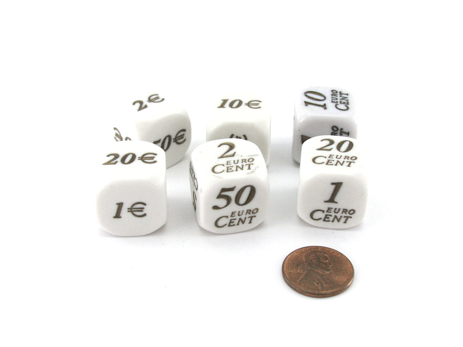 Pack of 6 20mm D6 Euro Money Dice 3 Dollar Dice and 3 Euro Cent Dice