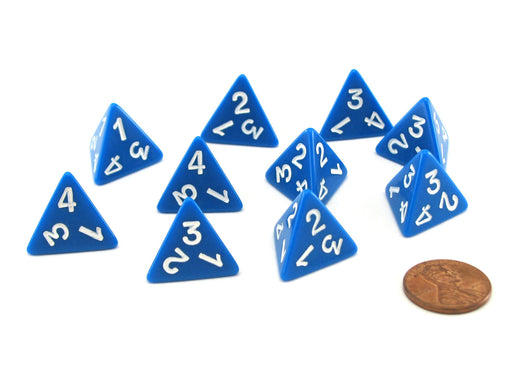 Pack of 10 D4 Opaque 4 Sided Dice - Blue with White Numbers