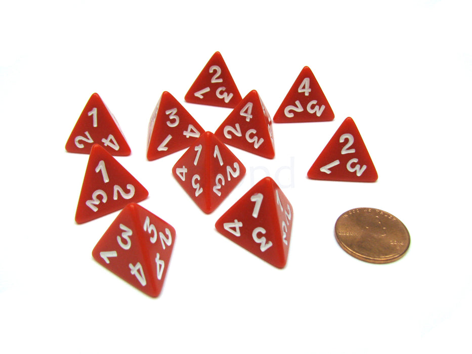 Pack of 10 D4 Opaque 4 Sided Dice - Red with White Numbers
