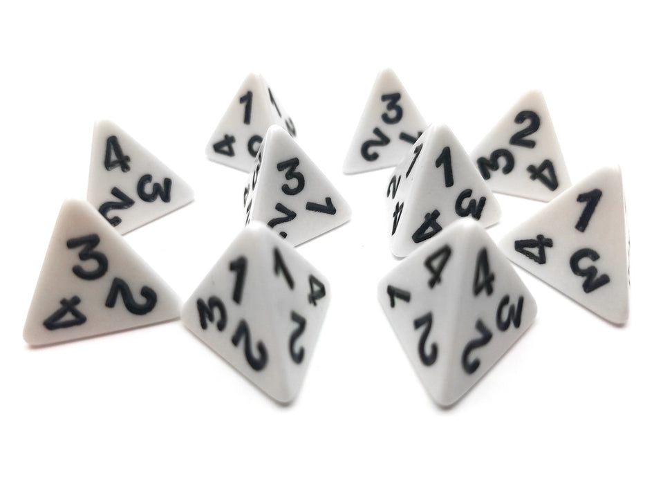 Pack of 10 D4 Opaque 4 Sided Dice - White with Black Numbers