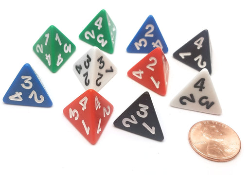 Pack of 10 D4 Opaque 4 Sided Dice - 2 Each of Black, Blue, Green, Red, White