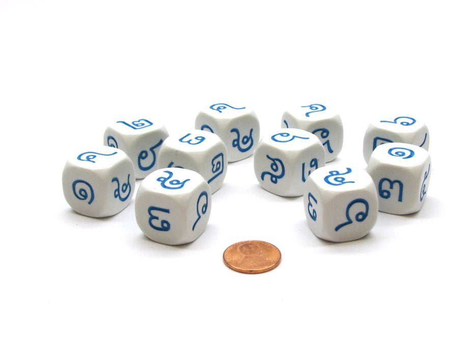Pack of 10 20mm D6 Thai Numbers Numbered 1 to 6 - White with Blue Etches