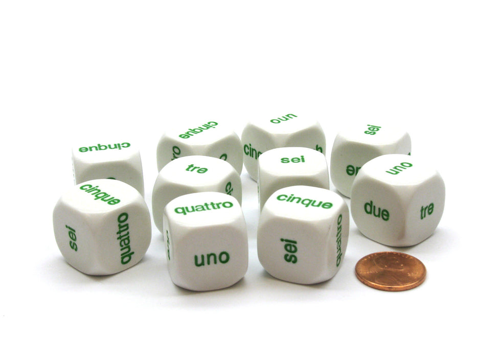 Pack of 10 20mm D6 Italian Word Numbers 1 to 6 - White with Green Etches