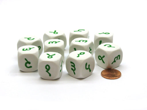 Pack of 10 20mm D6 Hindi Numbers 1 to 6 - White with Green Etches