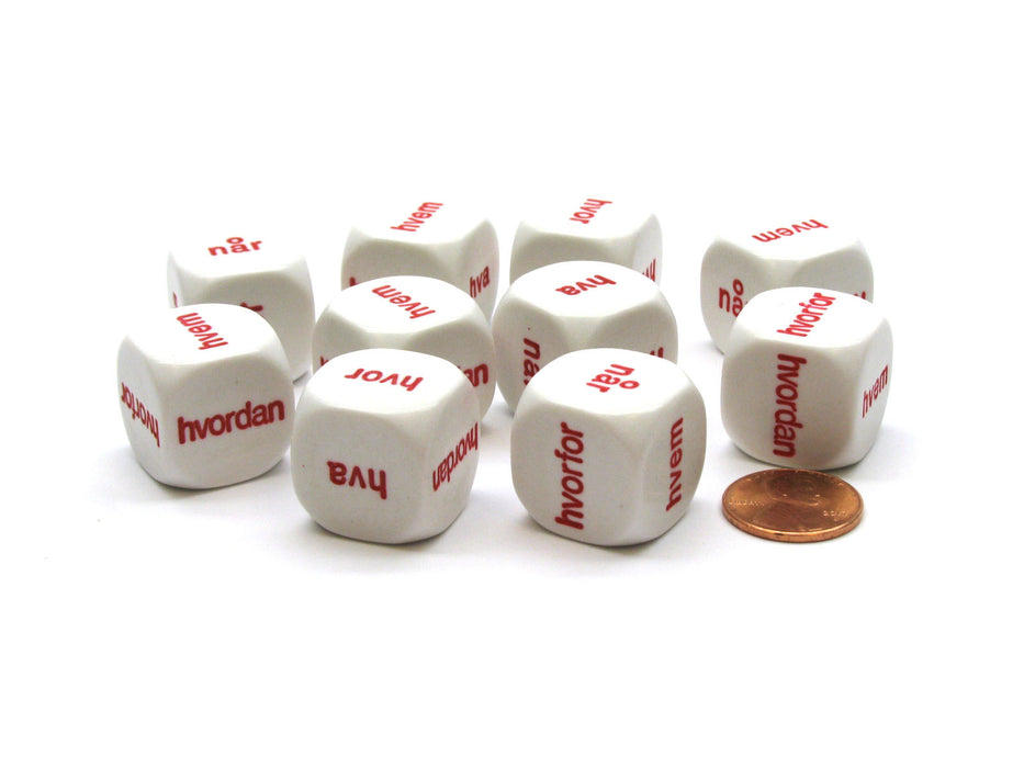 Pack of 10 20mm D6 Norwegian Interrogatory Dice - White with Red Words