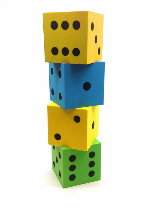 Pack of 4 D6 Very Large 4" 100mm Foam Dice - Blue, Green, and 2 Yellow
