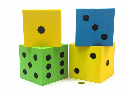 Pack of 4 D6 Very Large 4" 100mm Foam Dice - Blue, Green, and 2 Yellow