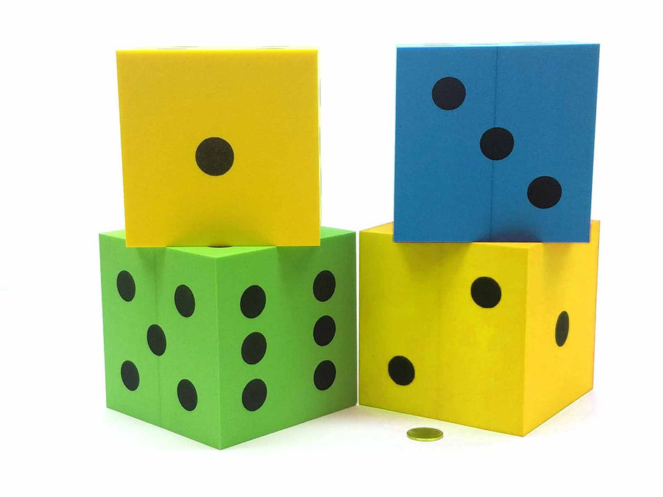 Pack of 4 D6 Very Large 4" 100mm Foam Dice - Blue, Green, and 2 Yellow