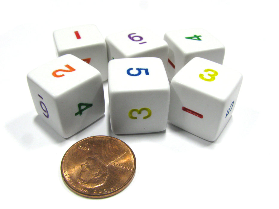 Set of 6 D6 Six-Sided 16mm Opaque Numbered Dice - White with Multicolor Numbers