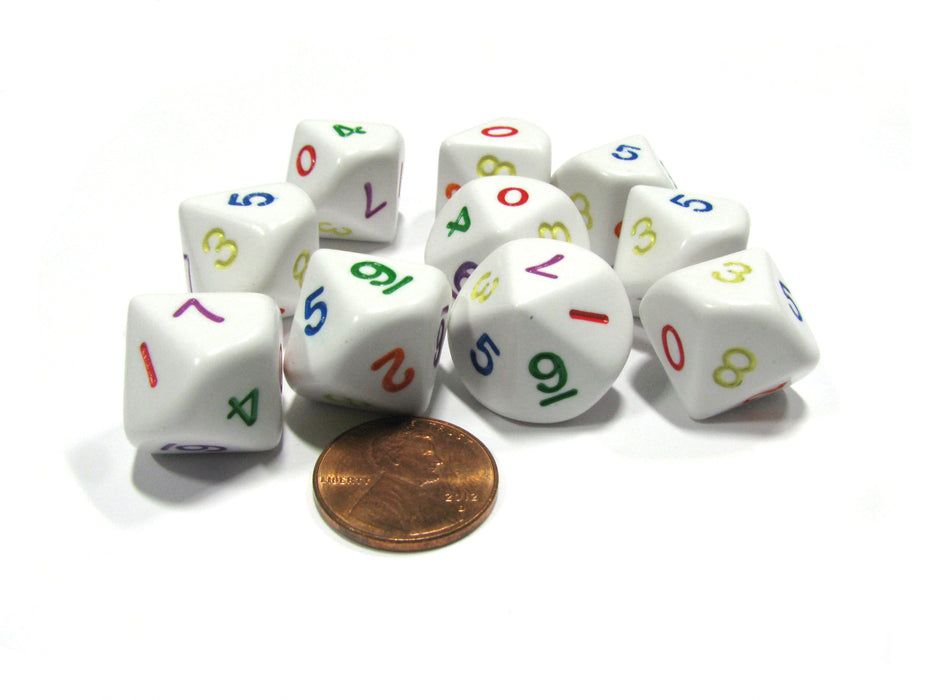 Set of 10 D10 Ten-Sided Opaque Rainbow Dice, 0-9 - White with Multicolor Number