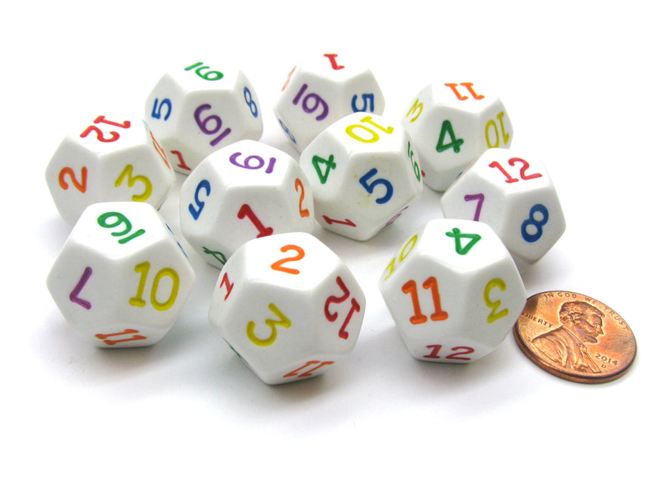 Set of 10 D12 18mm Opaque Rainbow Dice - White with Multicolor Numbers
