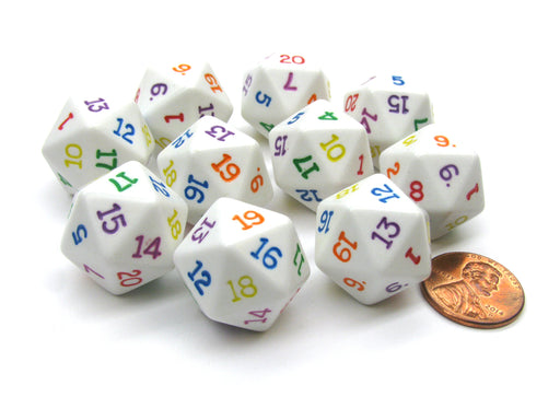 Set of 10 D20 19mm Opaque Rainbow Dice - White with Multicolor Numbers