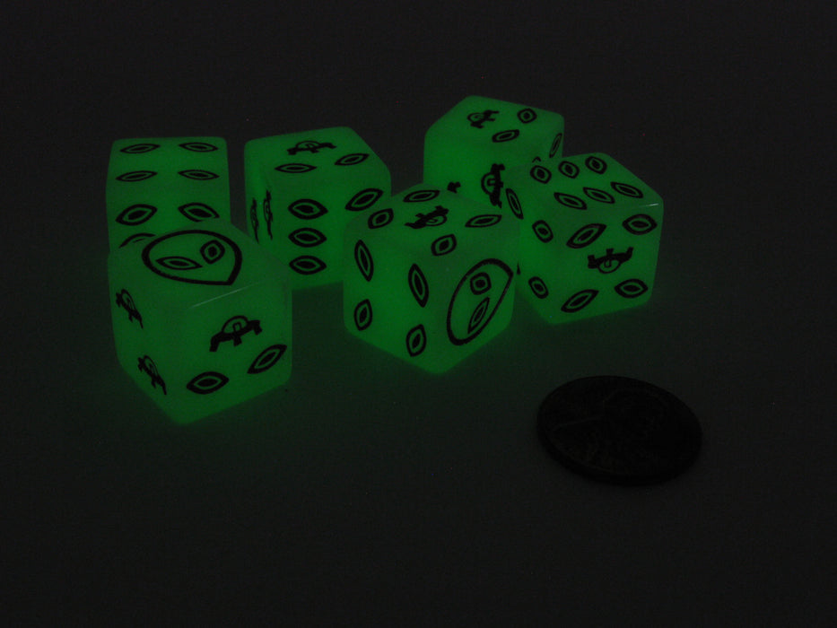 Pack of 6 Alien UFO 16mm D6 Glow in the Dark Dice - Green with Red Etches