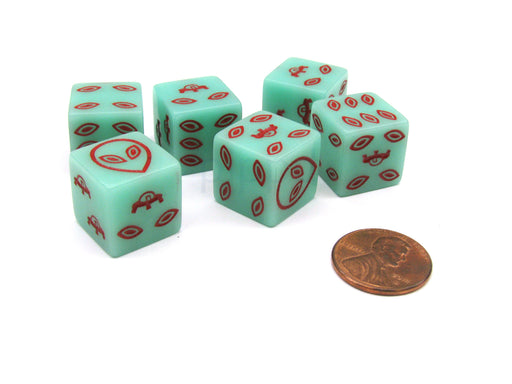 Pack of 6 Alien UFO 16mm D6 Glow in the Dark Dice - Green with Red Etches