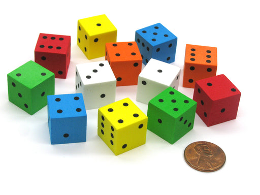 Set of 12 D6 16mm Foam Dice - 2 Each of Blue Green Orange Red White Yellow