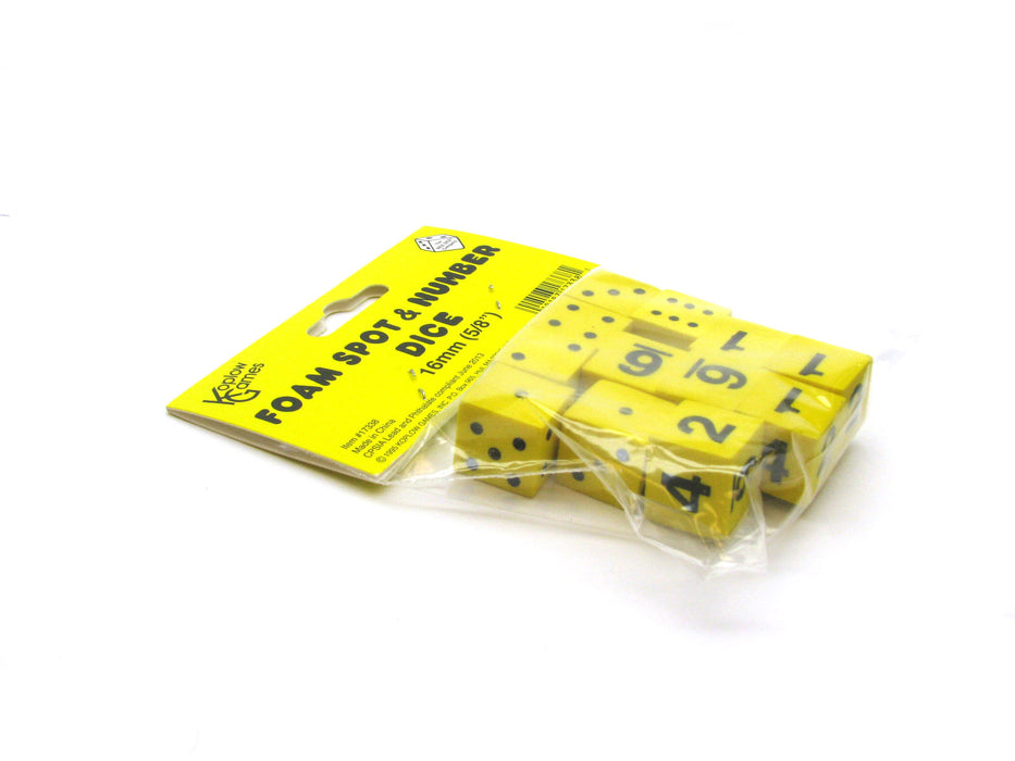 Pack of 12 16mm D6 Foam Dice, 6 Numbered and 6 Pipped - Yellow with Black