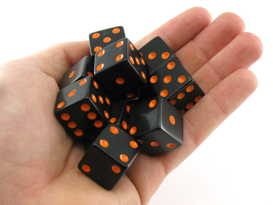 Set of 10 Large Six Sided Square Opaque 19mm D6 Dice - Black with Orange Pips
