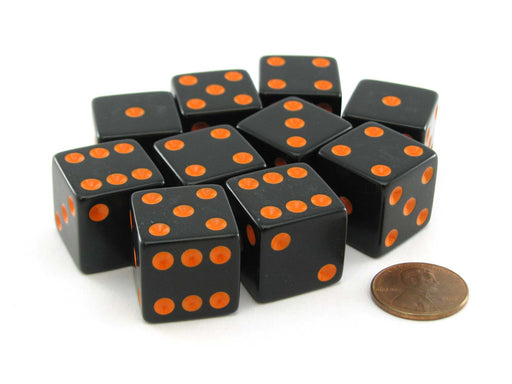 Set of 10 Large Six Sided Square Opaque 19mm D6 Dice - Black with Orange Pips