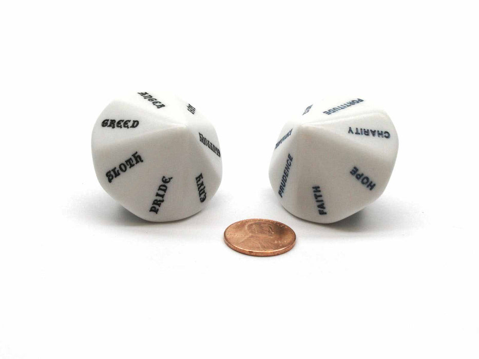 Pack of 2 D14 7 Virtues and 7 Sins Dice - White with Black Words
