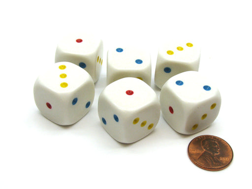 Pack of 6 20mm 6-Sided D3 Dice, Spotted 1-3 Twice - White with Red, Blue, Yellow