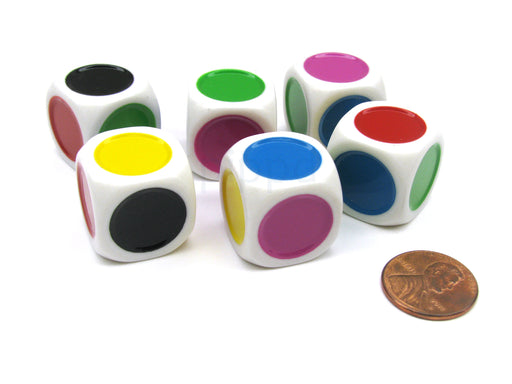 Pack of 6 D6 Single Spot 20mm Dice- Spots are Green Yellow Purple Blue Red Black