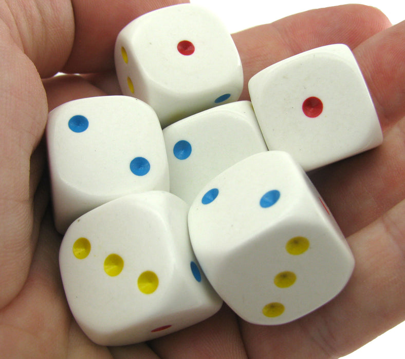 Pack of 6 20mm 6-Sided D3 Dice Numbered 1-3 Twice - White with Multicolored Pips