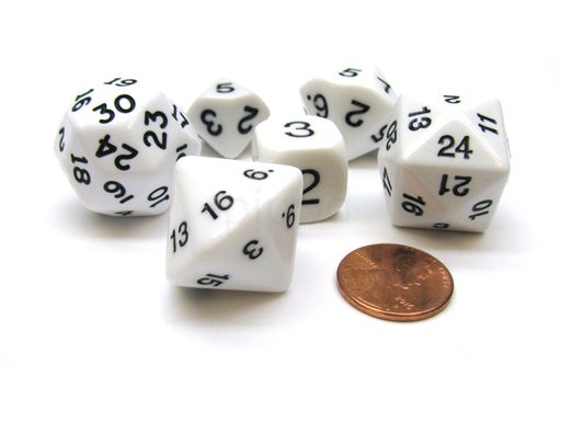 Who Knew Dice Set, 6 Pack of Unique D3, D5, D7, D16, D24, D30 Dice - White