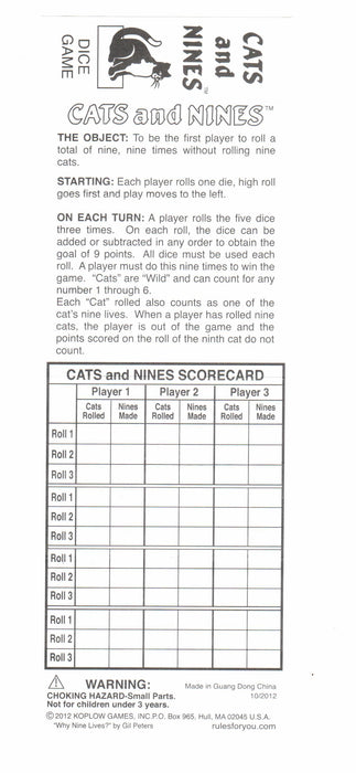 Cats And Nines Dice Game 5 Dice Set with Travel Tube and Instructions