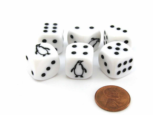Set of 6 Penguin 16mm D6 Round Edged Animal Dice - White with Black Pips