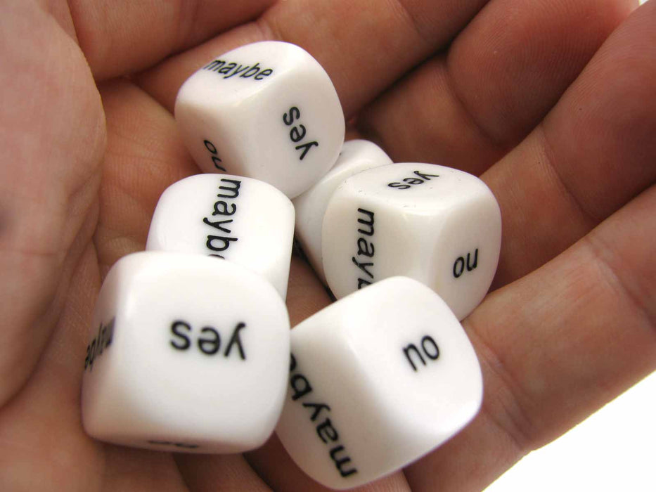 Set of 6 D6 16mm Yes, No, Maybe Decisions Dice - White with Black Letters