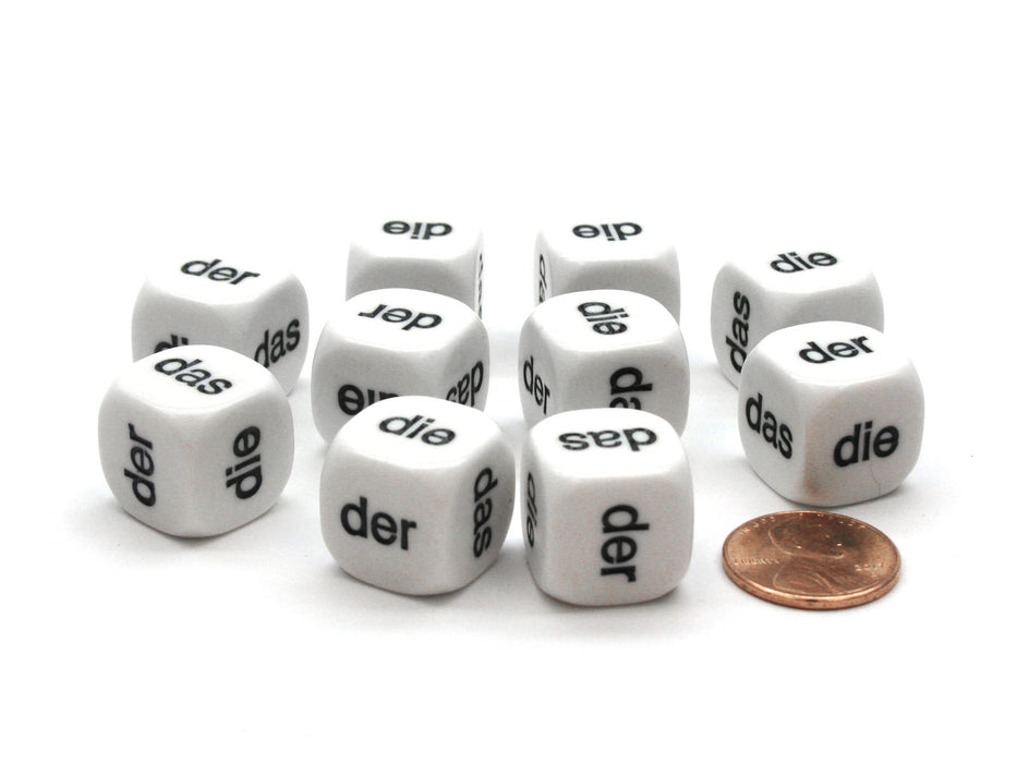 Pack of 10 D6 16mm German Article Dice - White with Black Words
