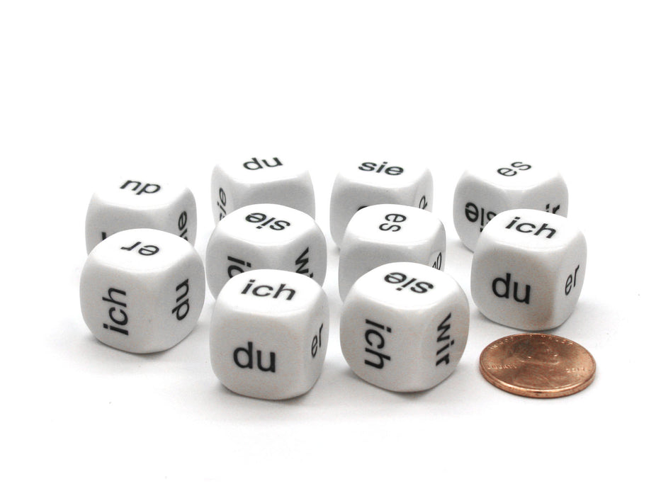 Pack of 10 D6 16mm German Pronoun Dice - White with Black Words