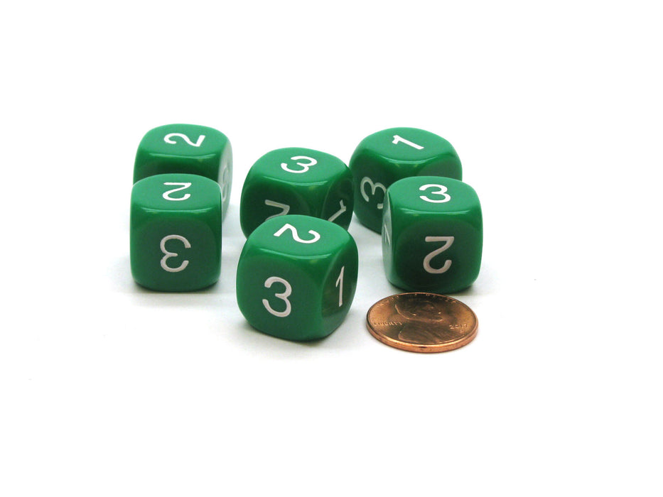 Pack of 6 16mm 6-Sided D3 Round Opaque Numbered 1 to 3 Twice Dice - Green