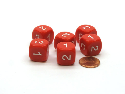 Pack of 6 16mm 6-Sided D3 Round Opaque Numbered 1 to 3 Twice Dice - Red