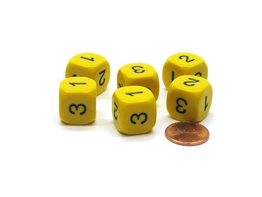 Pack of 6 16mm 6-Sided D3 Round Opaque Numbered 1 to 3 Twice Dice - Yellow