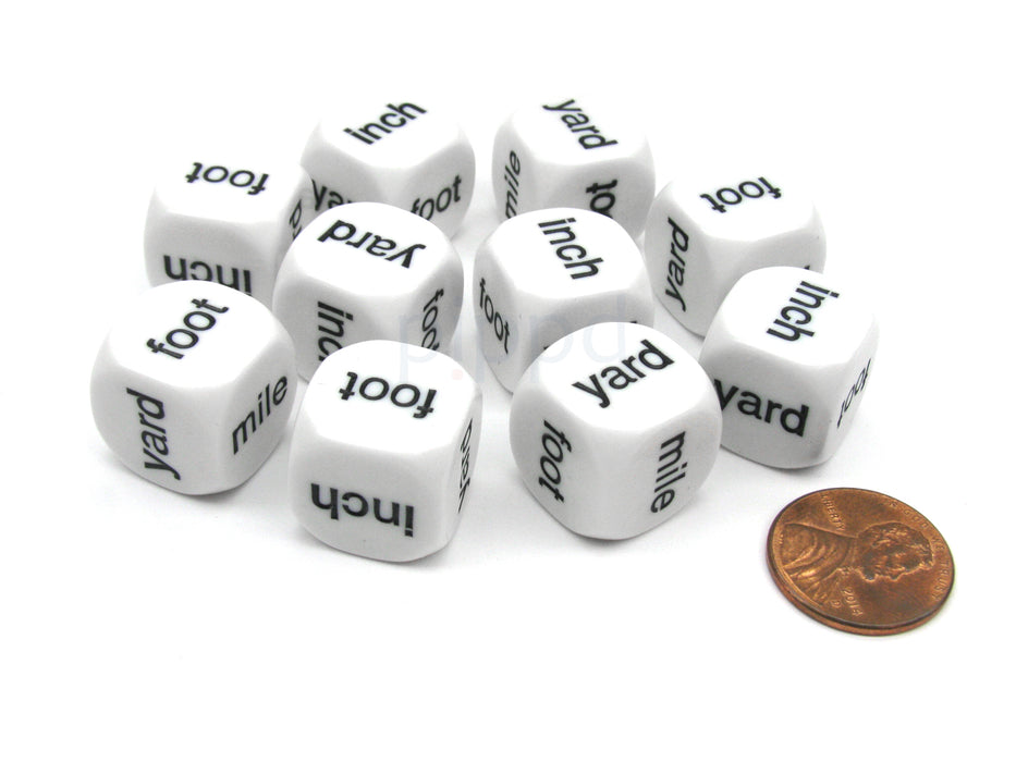 Pack of 10 16mm Math Linear Measurement Dice - inch yard (2) foot (2) mile