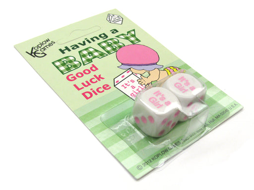Set of 2 D6 We're Having a Baby It's a Girl Dice - White with Pink Pips