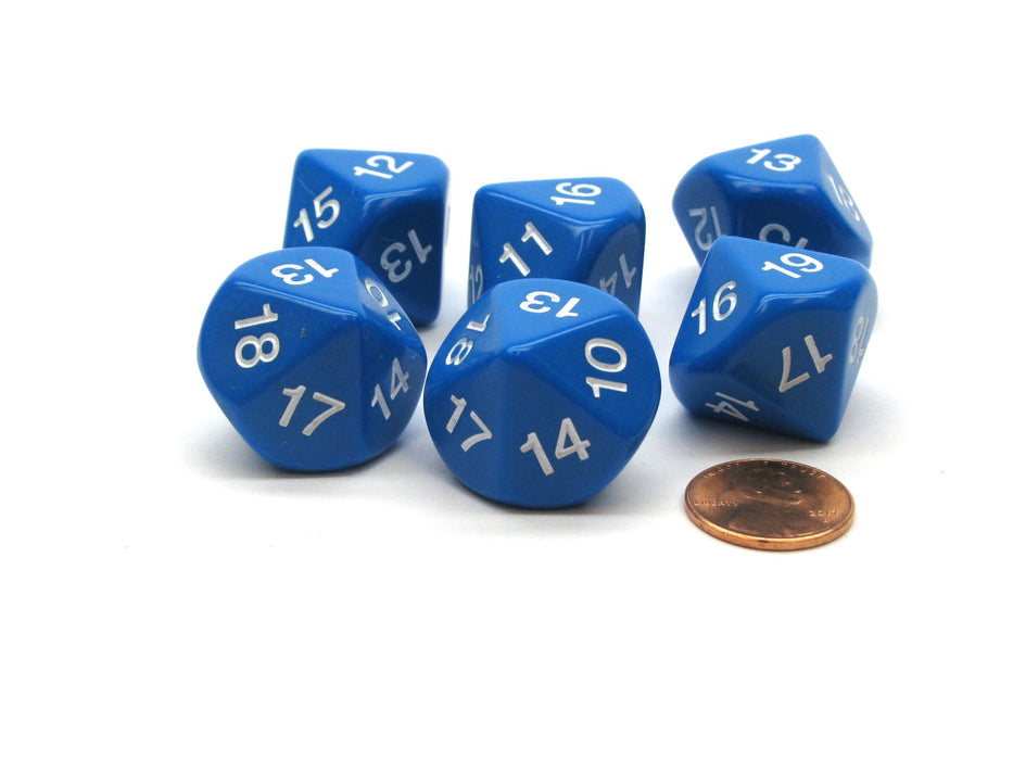 Pack of 6 D10 20mm Numbered 10 to 19 Dice - Blue with White Numbers