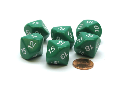 Pack of 6 D10 20mm Numbered 10 to 19 Dice - Green with White
