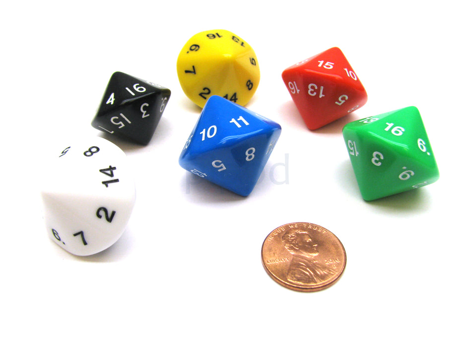 Pack of 6 D16 20mm Opaque Dice - Red Green White Black Blue Yellow